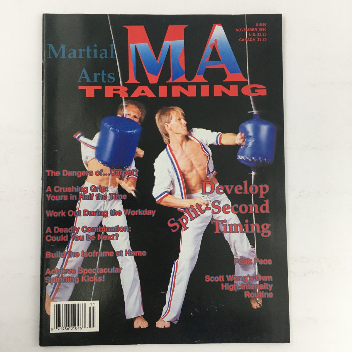 Cover of MA Training Magazine November 1990 Volume 17 Issue #6, featuring martial arts training techniques with two athletes practicing punches using blue pads. Highlights include topics like developing split-second timing and achieving spectacular spinning kicks.