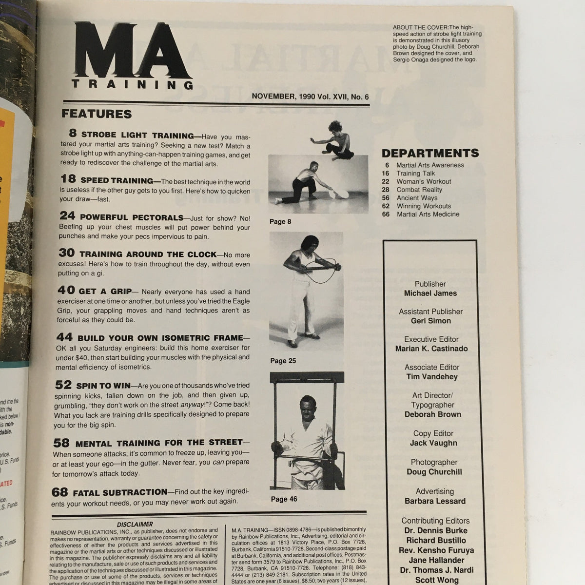 Inside page of MA Training Magazine November 1990 Volume 17 Issue #6, listing features on various martial arts training topics such as strobe light training, powerful pectorals, and mental training for the street.