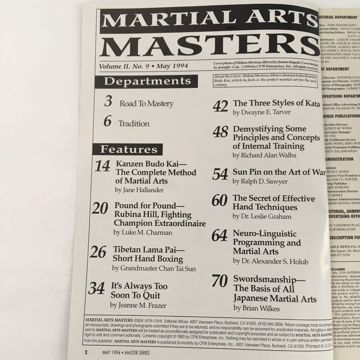 Contents page of Martial Arts Masters Magazine May 1994 Vol 2 #9, listing featured articles including Kanzen Budo Kai and contributions from martial arts experts.