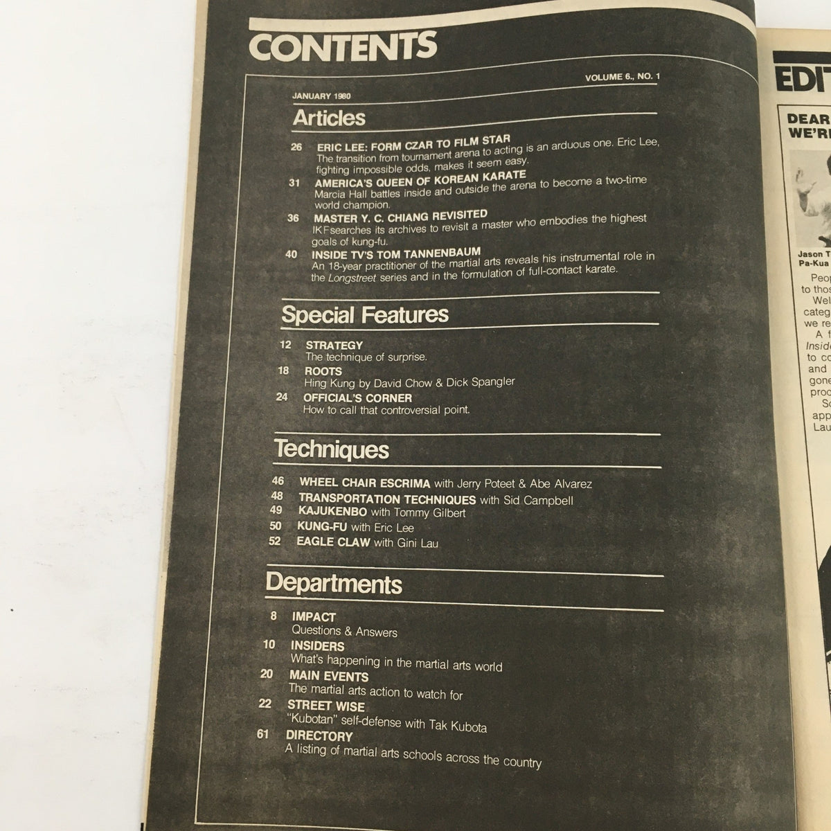 Inside Kung Fu Magazine January 1980 Vol 6 #1 contents page featuring articles on Eric Lee, Korean karate, and martial arts techniques.