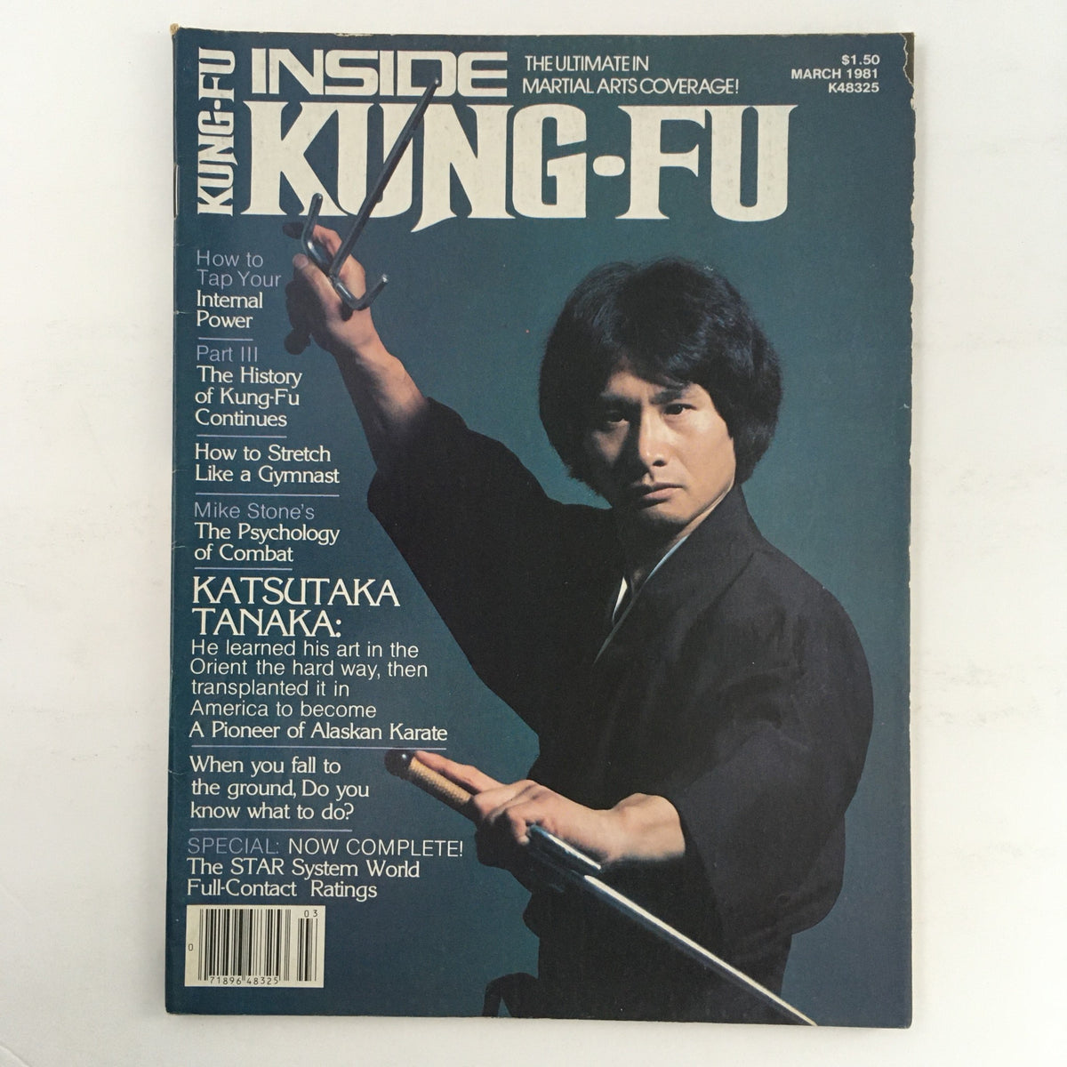 Cover of Inside Kung Fu Magazine March 1981 Vol 7 #3 featuring martial artist Katsutaka Tanaka in action with a martial arts weapon.