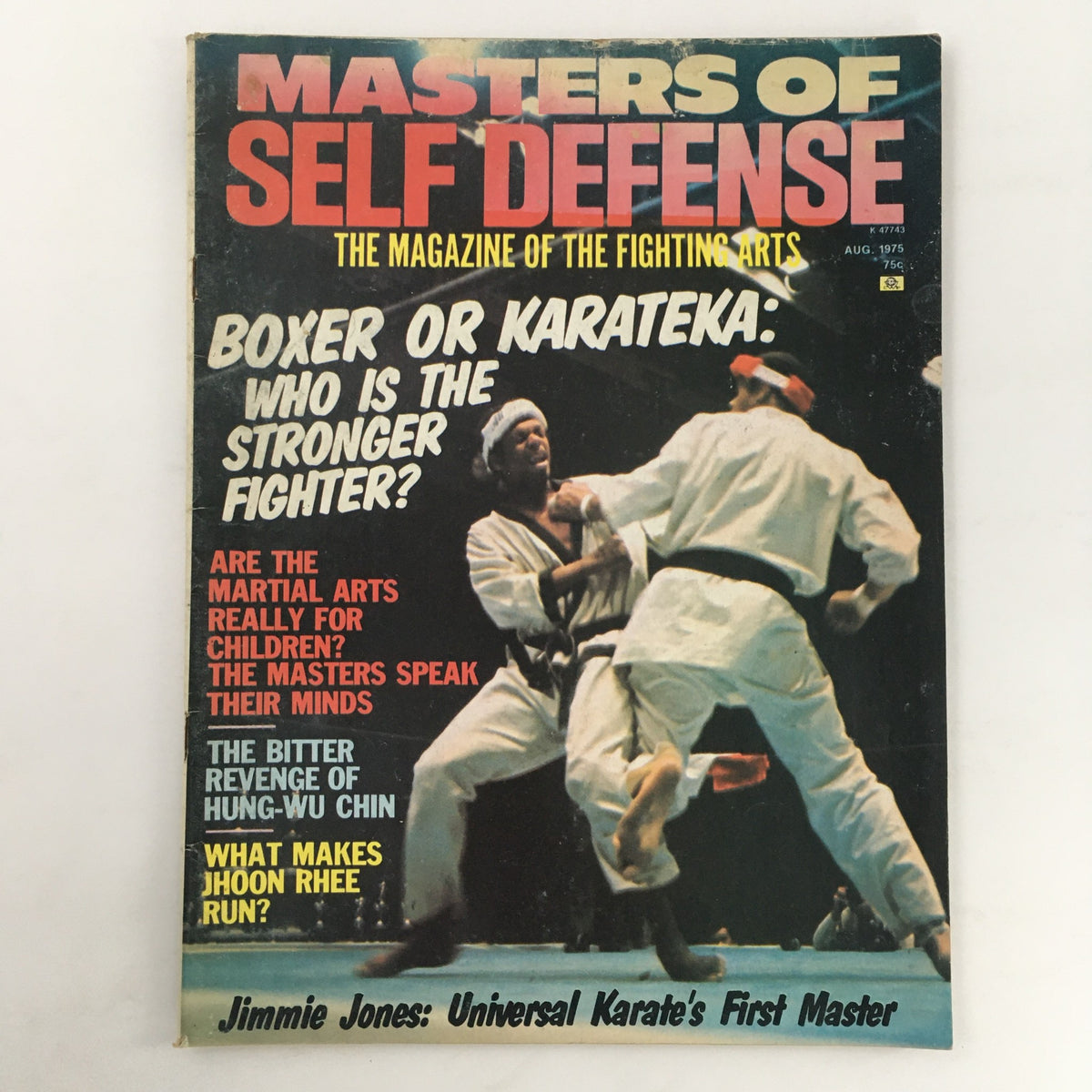 Masters of Self Defense Magazine August 1975 cover featuring a martial arts duel, highlighting the features on self-defense topics and the Jimmie Jones article.