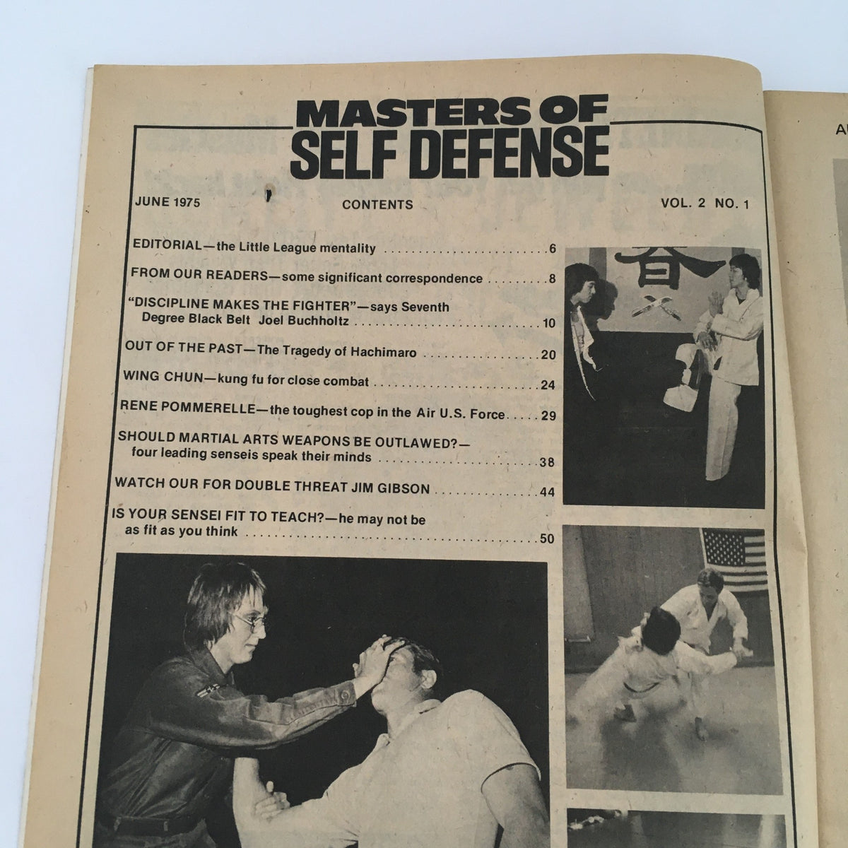 Contents page of Masters of Self Defense Magazine, June 1975, Vol 2 #1 showcasing articles about Wing Chun, Rene Pommerelle, and more.