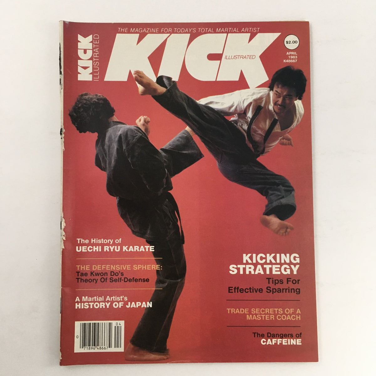 Cover of Kick Illustrated Magazine April 1983 Vol 4 #4 featuring martial artists performing a kick, with a focus on Jun Chong. The magazine includes articles on Uechi Ryu Karate, self-defense techniques, and martial arts history.
