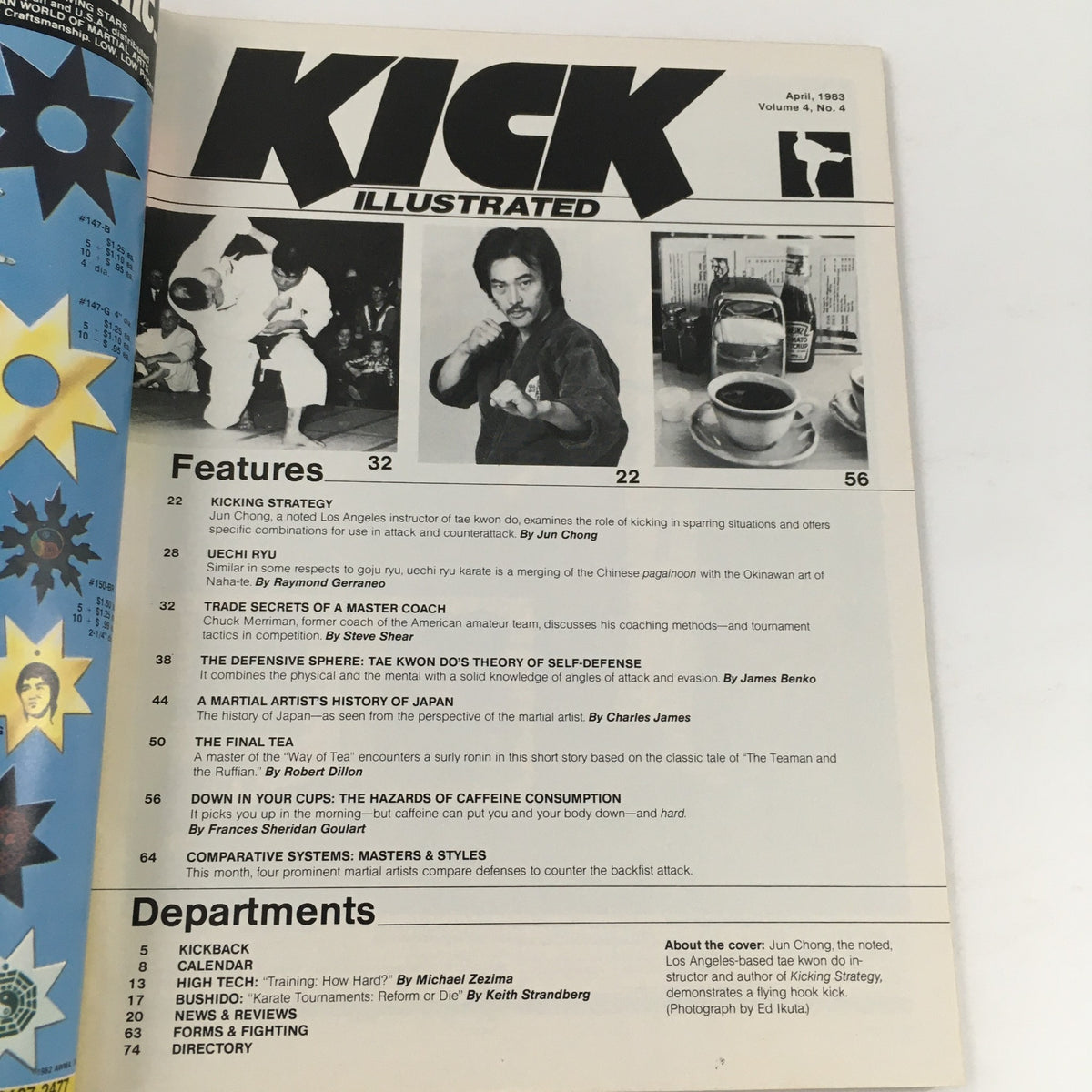 Cover of Kick Illustrated Magazine, April 1983, featuring a profile on Jun Chong. Highlights martial arts and includes various articles related to kicking strategies and martial arts history.