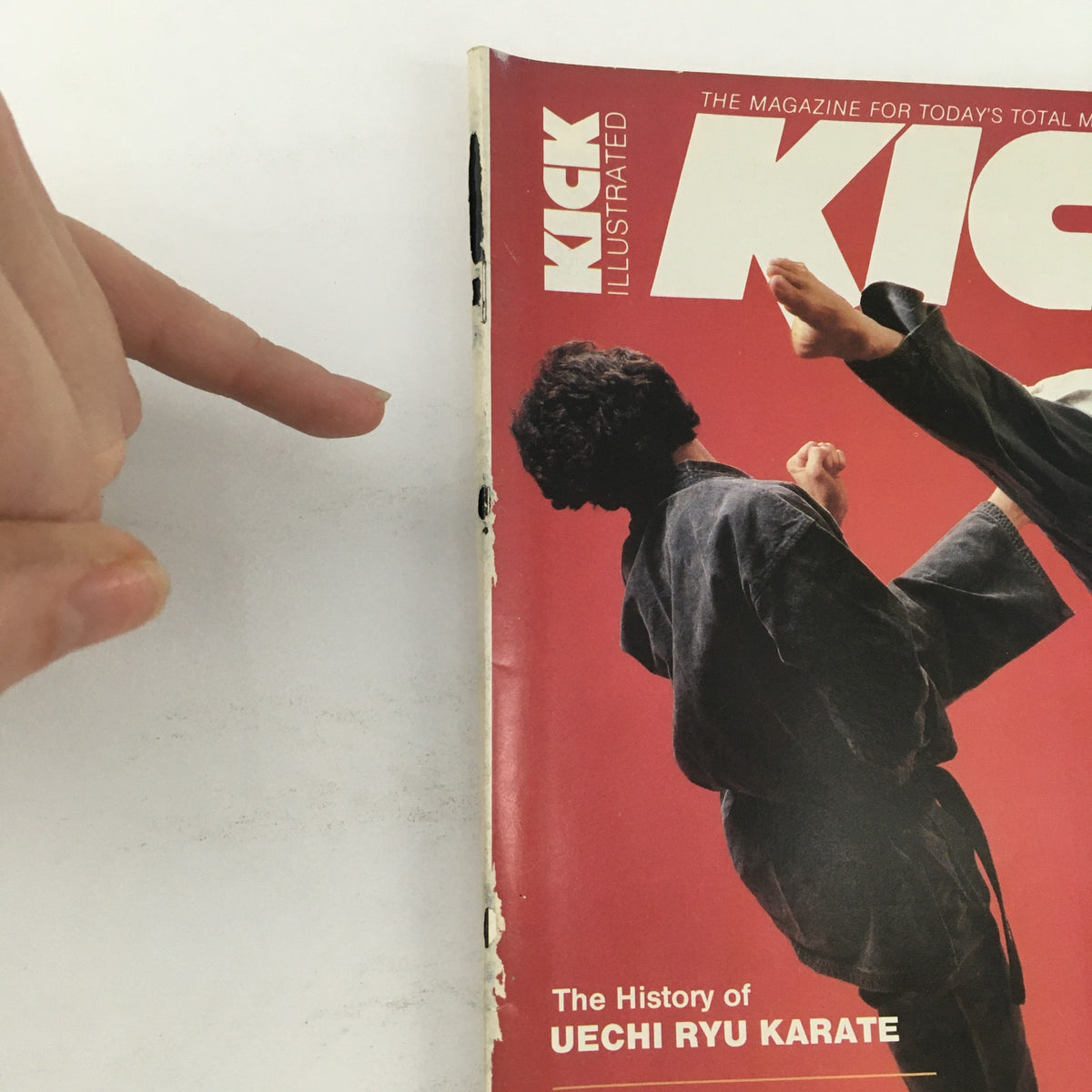 Spine and side view of Kick Illustrated Magazine, April 1983, featuring the title and an image related to Uechi Ryu Karate, showcasing vintage design typical of the 1980s.