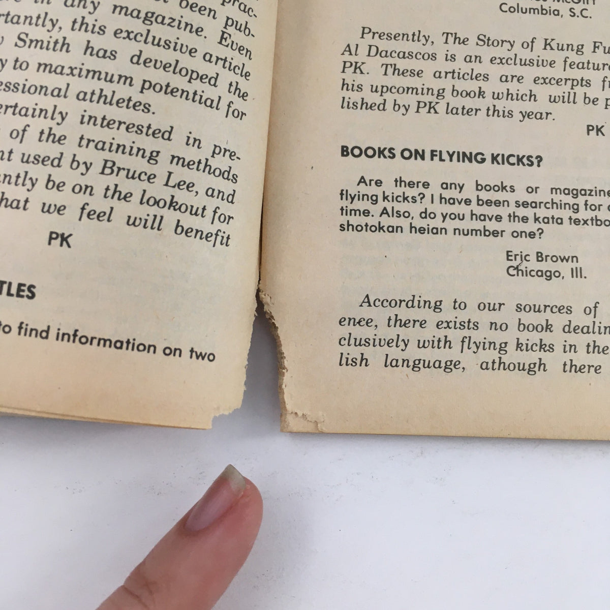 Page from Professional Karate Magazine March 1975 Vol 2 #2, showing text about the story of Kung Fu, with visible wear on the edges, indicating vintage condition.