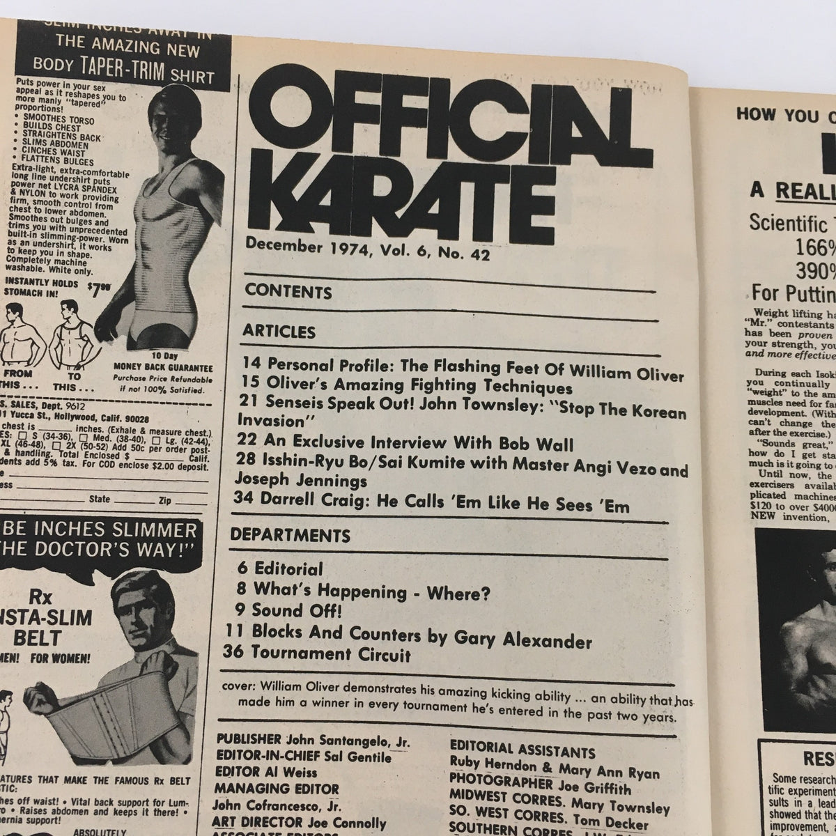 Contents page of Official Karate Magazine, December 1974, Vol 6 #42. Lists articles including a personal profile of William Oliver and an interview with Bob Wall, highlighting key martial arts topics of the era.