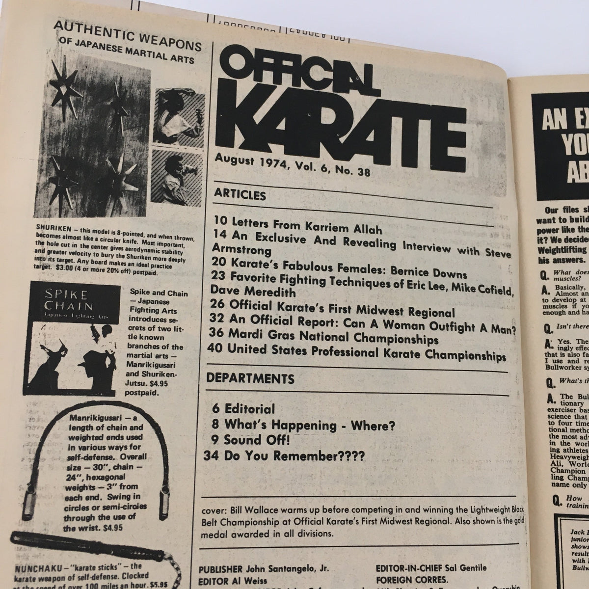 Table of contents page from Official Karate Magazine August 1974 Vol 6 #38, listing articles including an exclusive interview with Steve Armstrong, and various karate techniques, illustrating the magazine's focus on martial arts history and techniques.