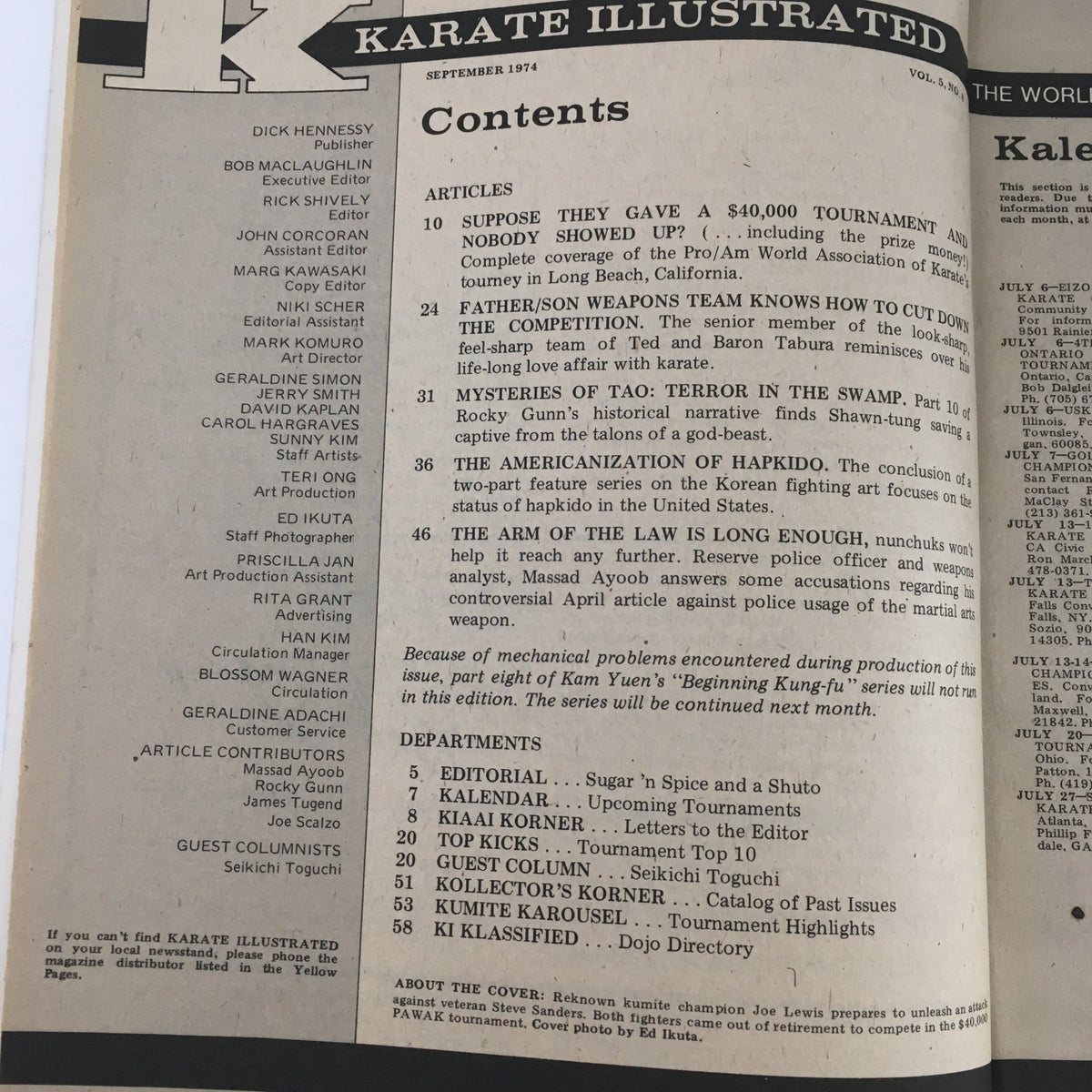 Contents page of Karate Illustrated Magazine September 1974 Vol 5 #8, detailing articles on martial arts, including father-son weapons training and the Americanization of Hapkido.