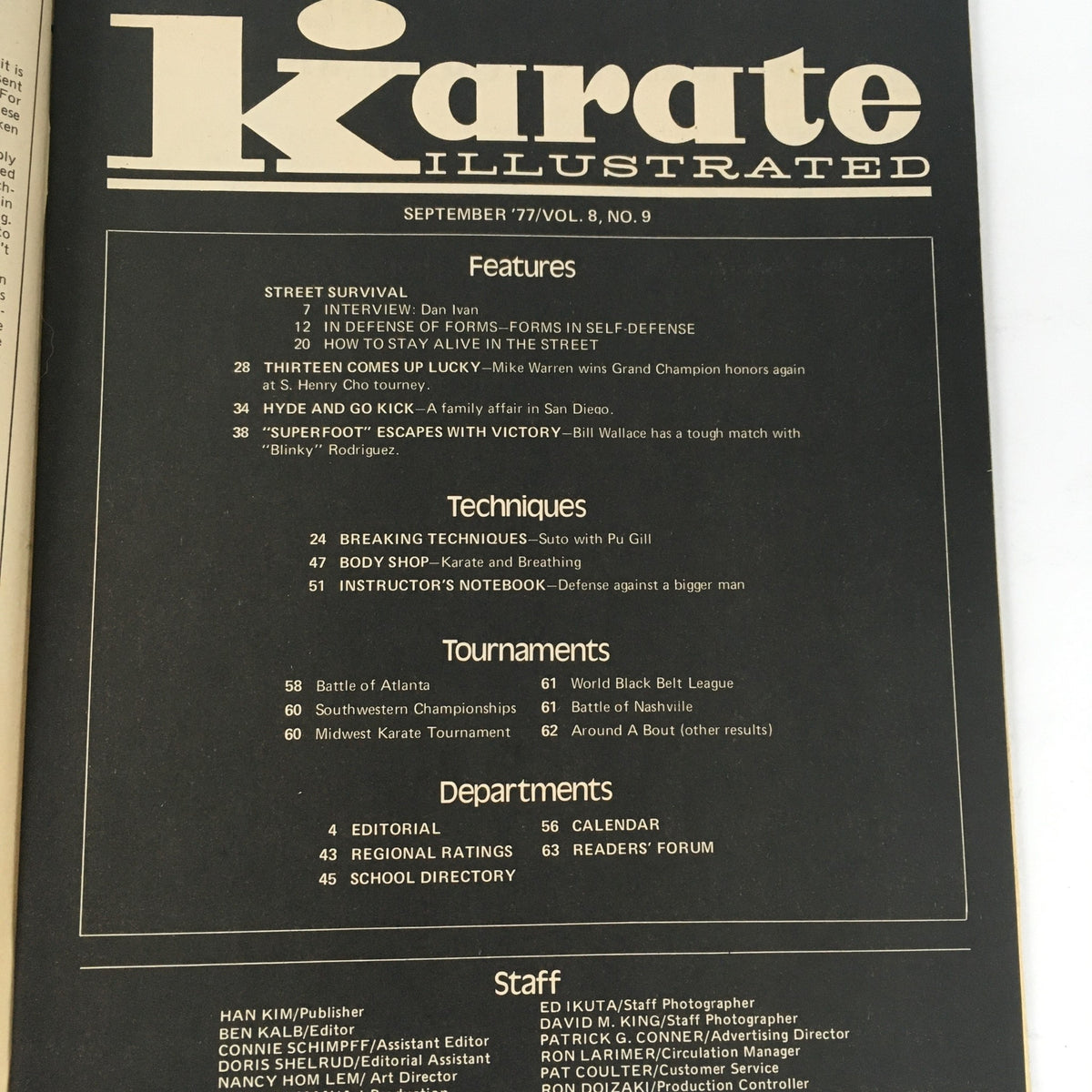 Contents page of Karate Illustrated Magazine September 1977 Vol 8 #9 listing featured articles, techniques, and tournaments related to martial arts.