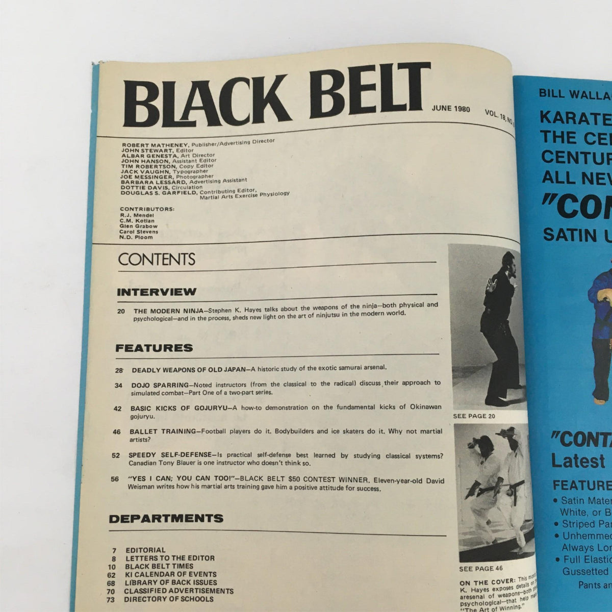 Inside page of Black Belt Magazine June 1980 Vol 18 #6 showing the table of contents, including topics on ninjutsu and Gojuryu karate.