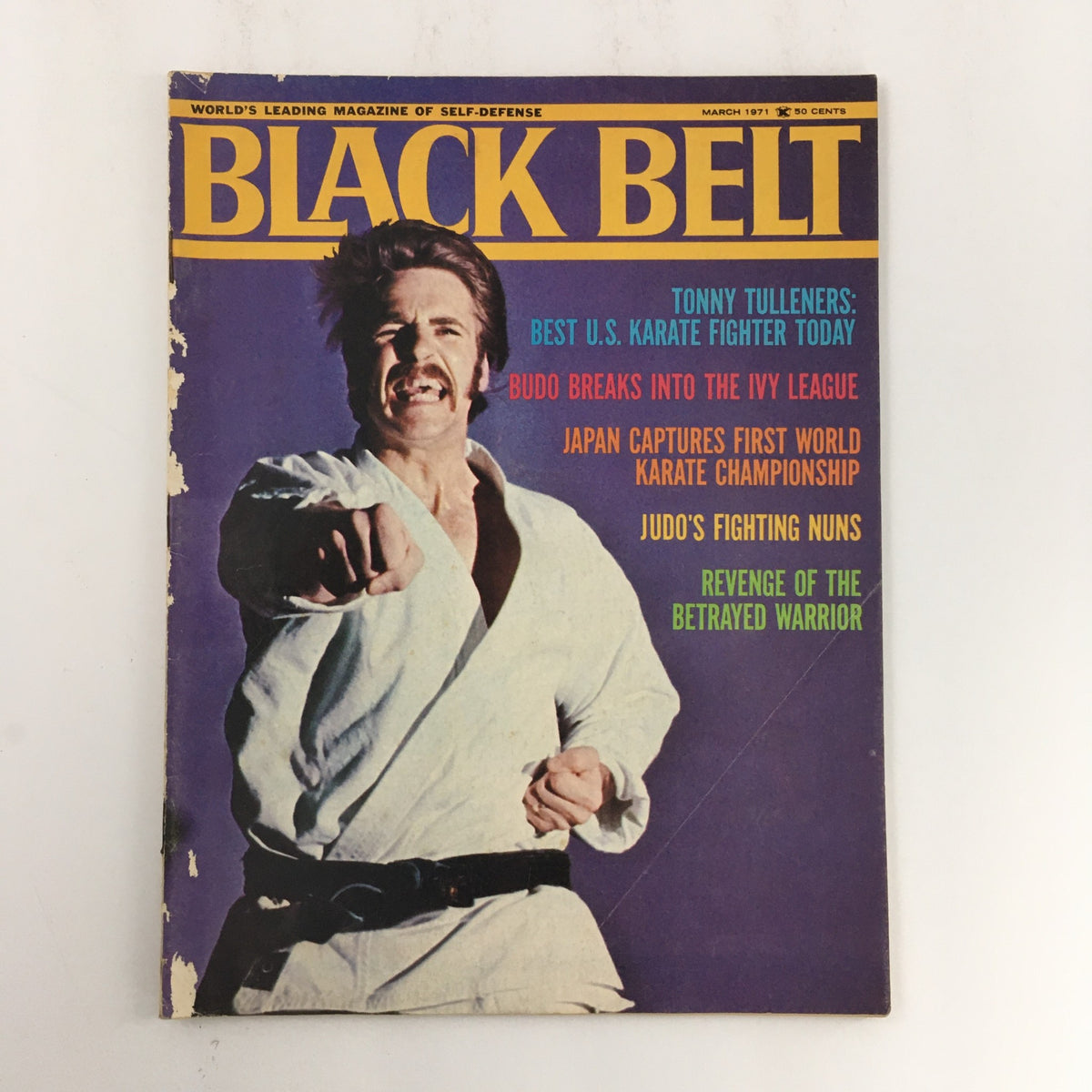 Cover of Black Belt Magazine March 1971 Vol 9 #3 featuring Tonny Tulleners, the best U.S. karate fighter, showcasing martial arts themes.