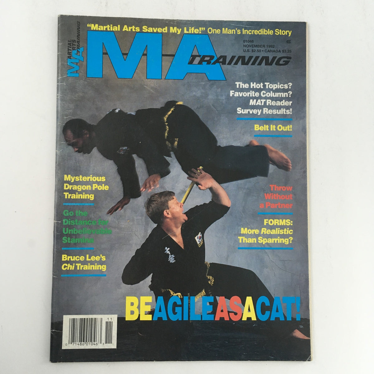 Cover of MA Training Magazine from November 1992, Volume 19 Issue 8, featuring a dynamic martial arts scene with participants demonstrating techniques. The title 'MA Training' is prominently displayed, alongside features like 'Martial Arts Saved My Life!' and topics on various martial arts training methods.