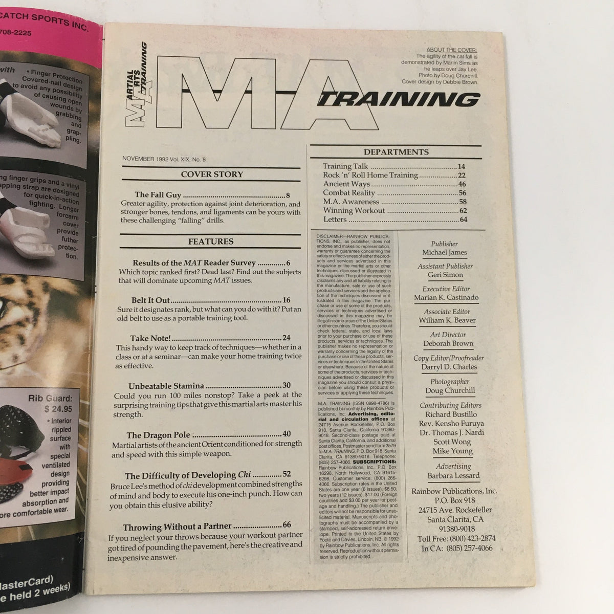 Inside page of the MA Training Magazine from November 1992, Volume 19, Issue 8, showcasing the table of contents with features like 'The Fall Guy,' and 'Training Talk.' This vintage martial arts publication offers insights into training techniques and popular culture.