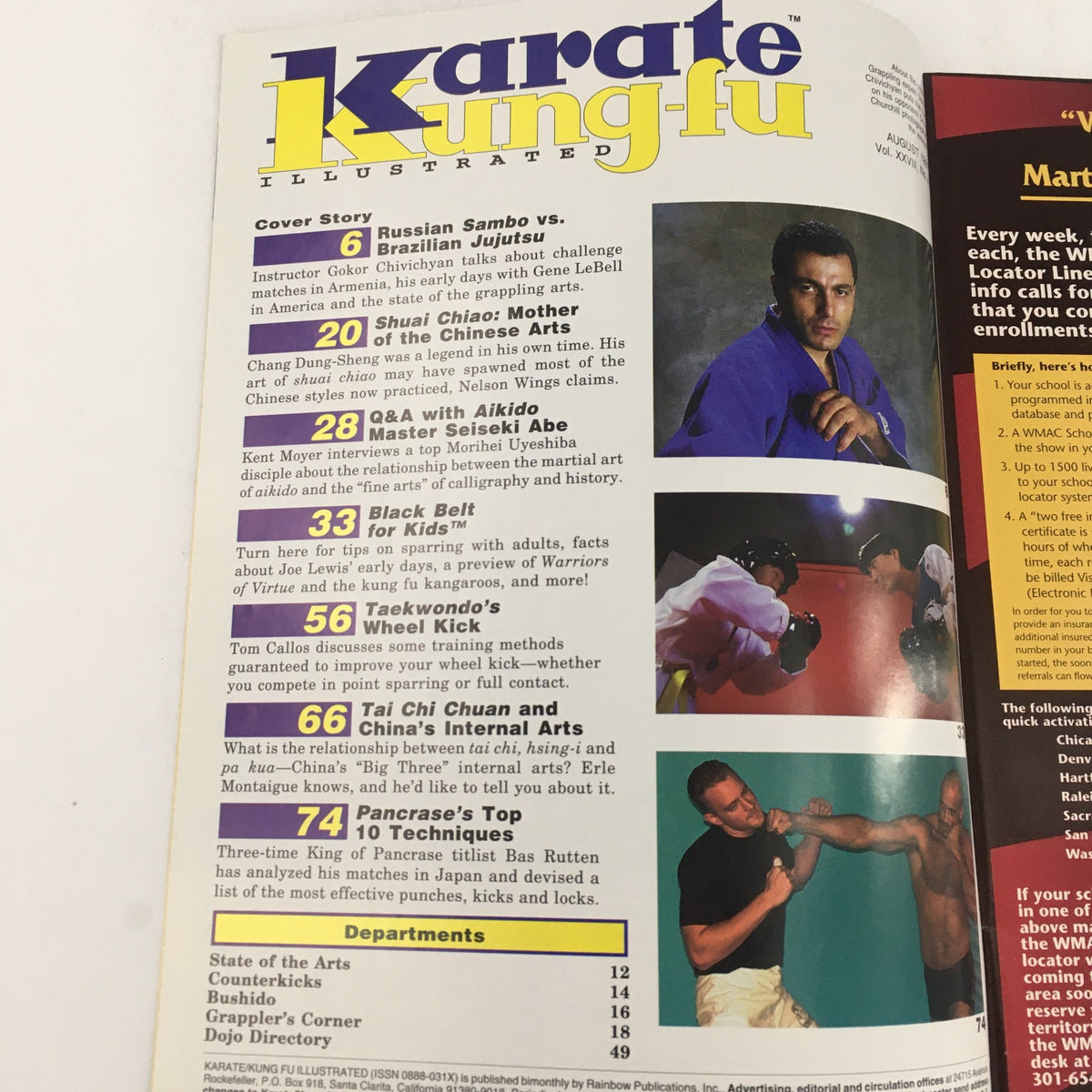 Interior page of Karate Kung Fu Illustrated Magazine August 1997, Vol 28 #4 with articles on Russian Sambo vs Brazilian Jiu-Jitsu and features on Gokor Chivichyan, highlighting various martial arts topics.