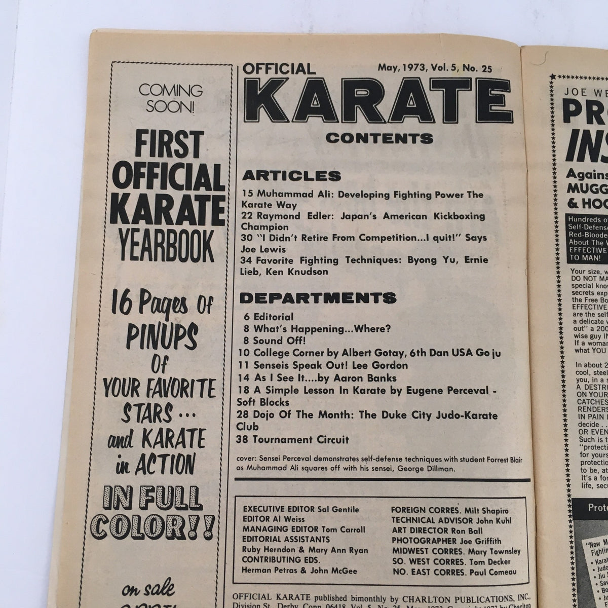 Contents page of Official Karate Magazine May 1973 Vol 5 #25 listing articles including Muhammad Ali and self-defense techniques.