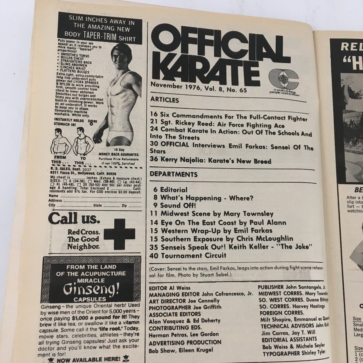 Inside pages of Official Karate Magazine November 1976 featuring articles, editorial content, and insights on karate techniques and martial arts culture.