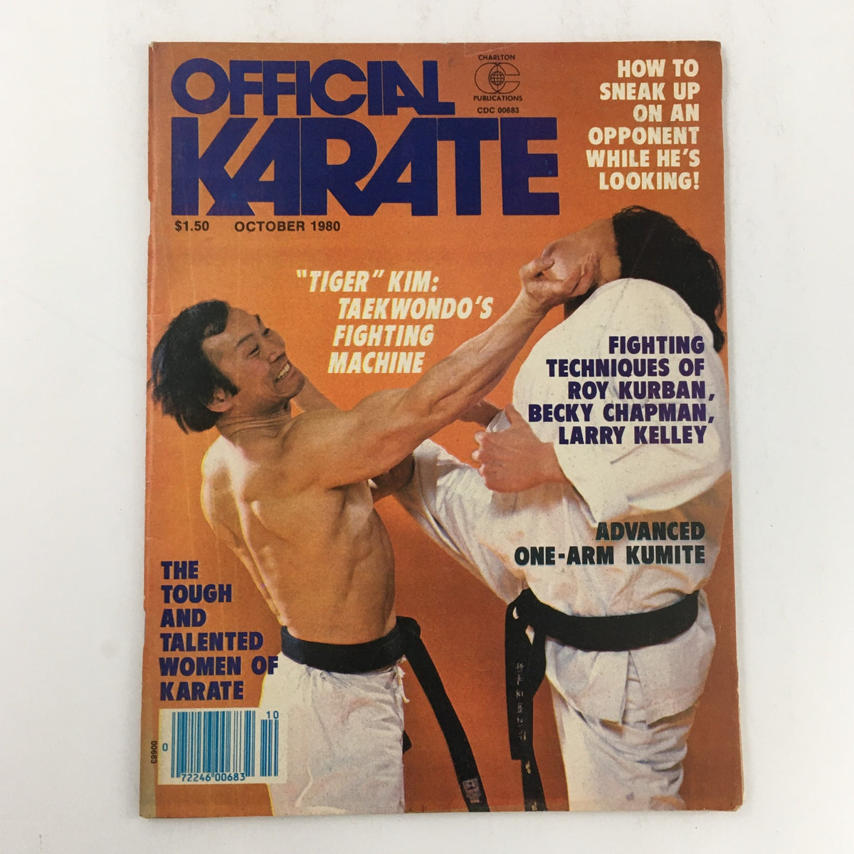 Cover of Official Karate Magazine October 1980 Vol 12 #94 featuring martial artists Tiger Kim and Becky Chapman demonstrating karate techniques.