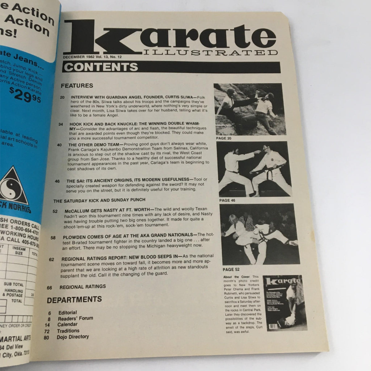 Contents page of Karate Illustrated Magazine December 1982 outlining featured articles including interviews and martial arts techniques.