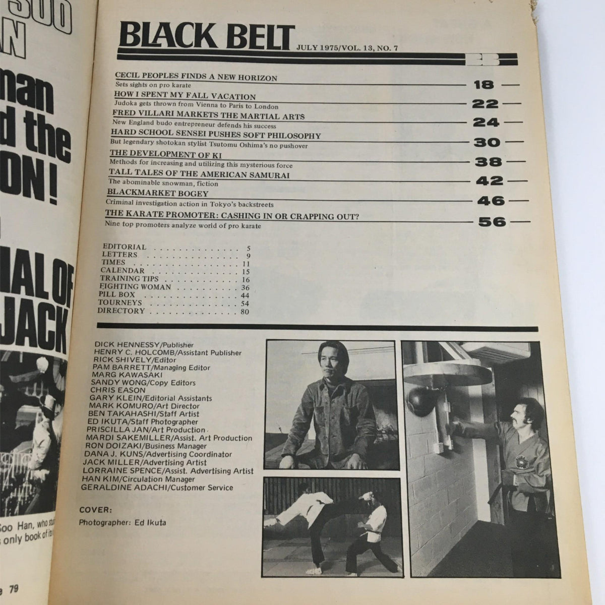 Table of contents for Black Belt Magazine July 1975 featuring articles on martial arts, including contributions from Fred Villari and Tsutomu Oshima.