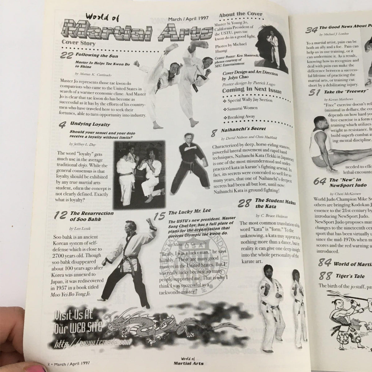 Internal page of Martial Arts Magazine March/April 1997 displaying the content layout and feature highlights including Naihanchi Kata and martial arts techniques.