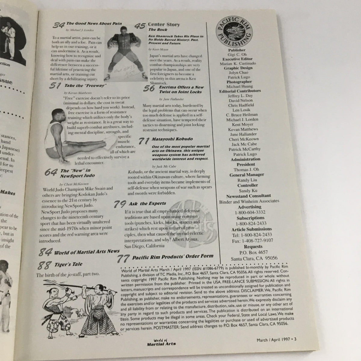Interior page from Martial Arts Magazine March/April 1997, showcasing articles including 'Good News About Pain,' 'Center Story,' and 'NewSport Judo.' The page highlights martial arts techniques and features illustrations related to judo and other martial arts topics.