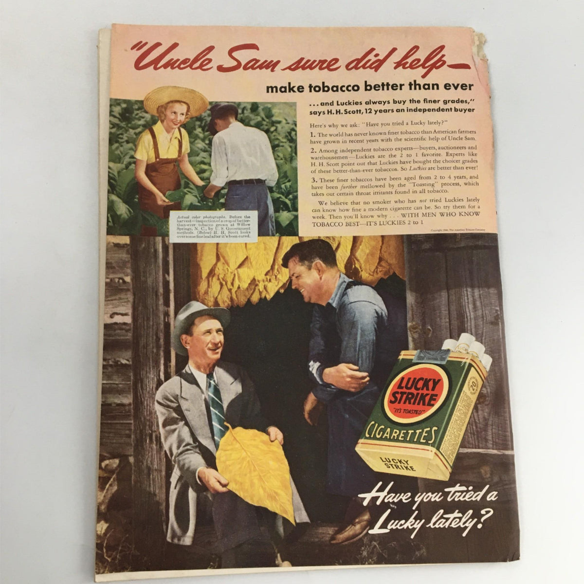 Back cover of the April 22, 1940 Newsweek Magazine, featuring an advertisement for Lucky Strike Cigarettes with images of tobacco leaves and a narrative on tobacco quality.