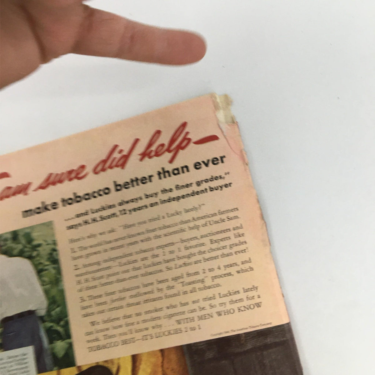 Close-up of a section from the back cover of the April 22, 1940 Newsweek Magazine, highlighting an advertisement that promotes the quality of Lucky Strike Cigarettes.