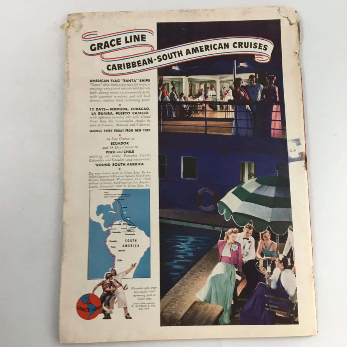 Back cover of the Newsweek Magazine from November 11, 1940, showcasing an advertisement for Grace Line Caribbean-South American Cruises, depicting colorful images and travel details.