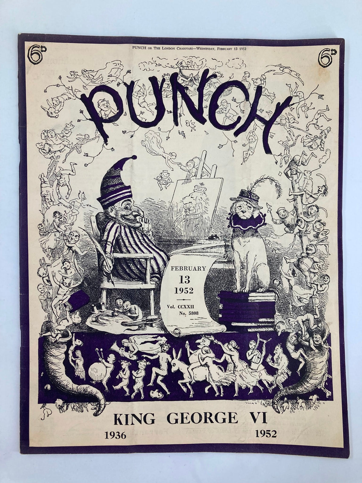 Cover of VTG Punch Magazine February 13 1952 Vol 222 #5808 showcasing humorous illustrations and satirical commentary from the WWII era.
