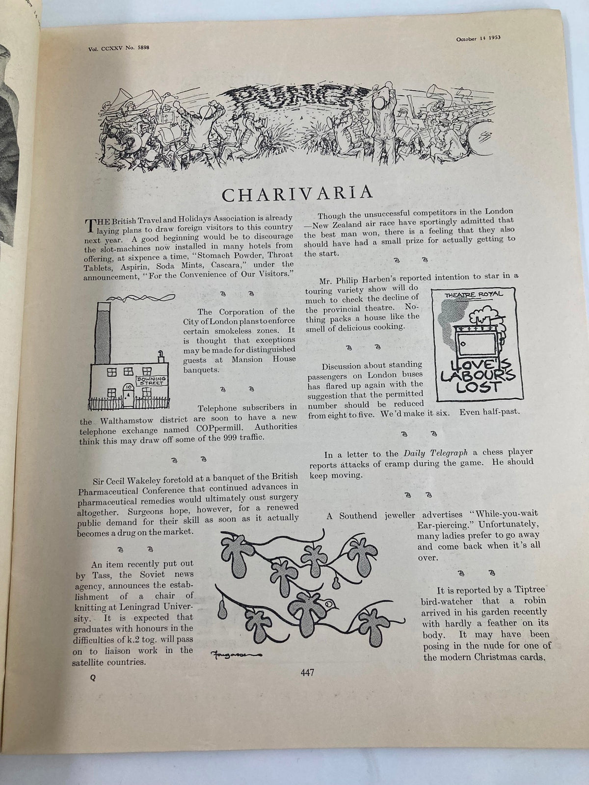 Interior page of VTG Punch Magazine October 14, 1953, displaying the Charivaria section with witty commentary and vintage illustrations.