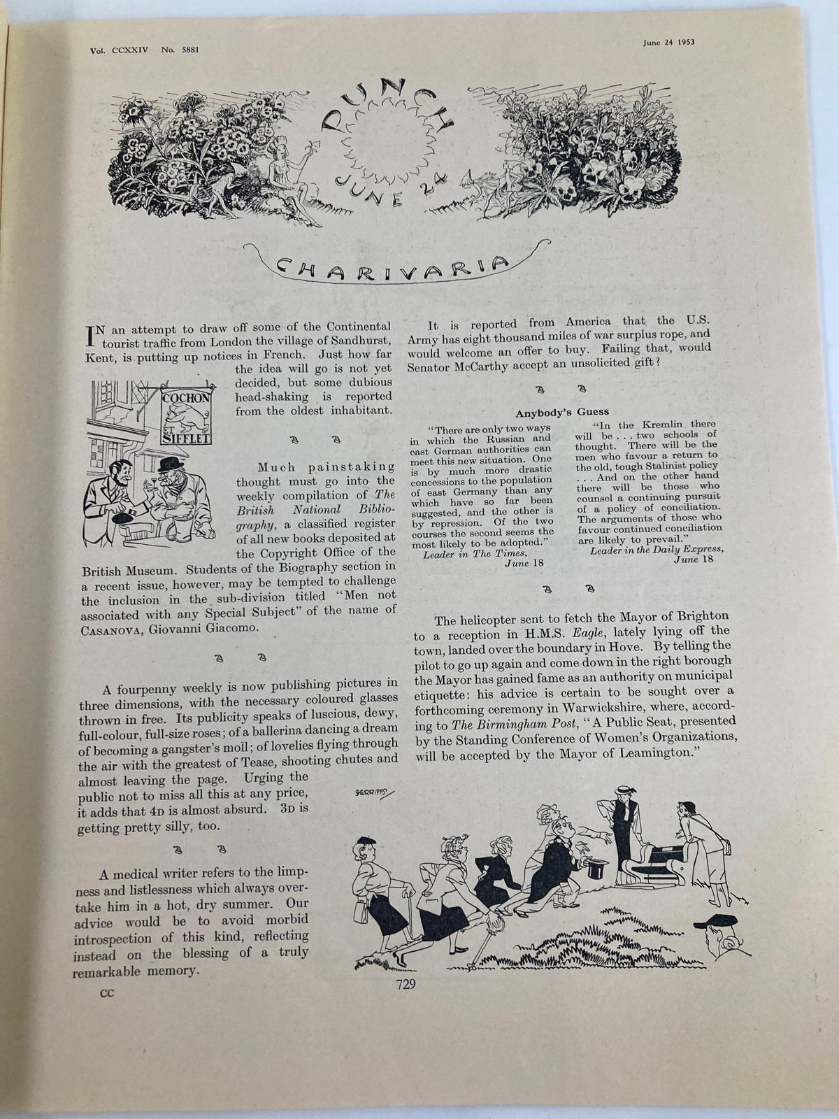 Vintage Punch Magazine June 24 1953 Vol 224 #5881 WWII Cartoon & Humour