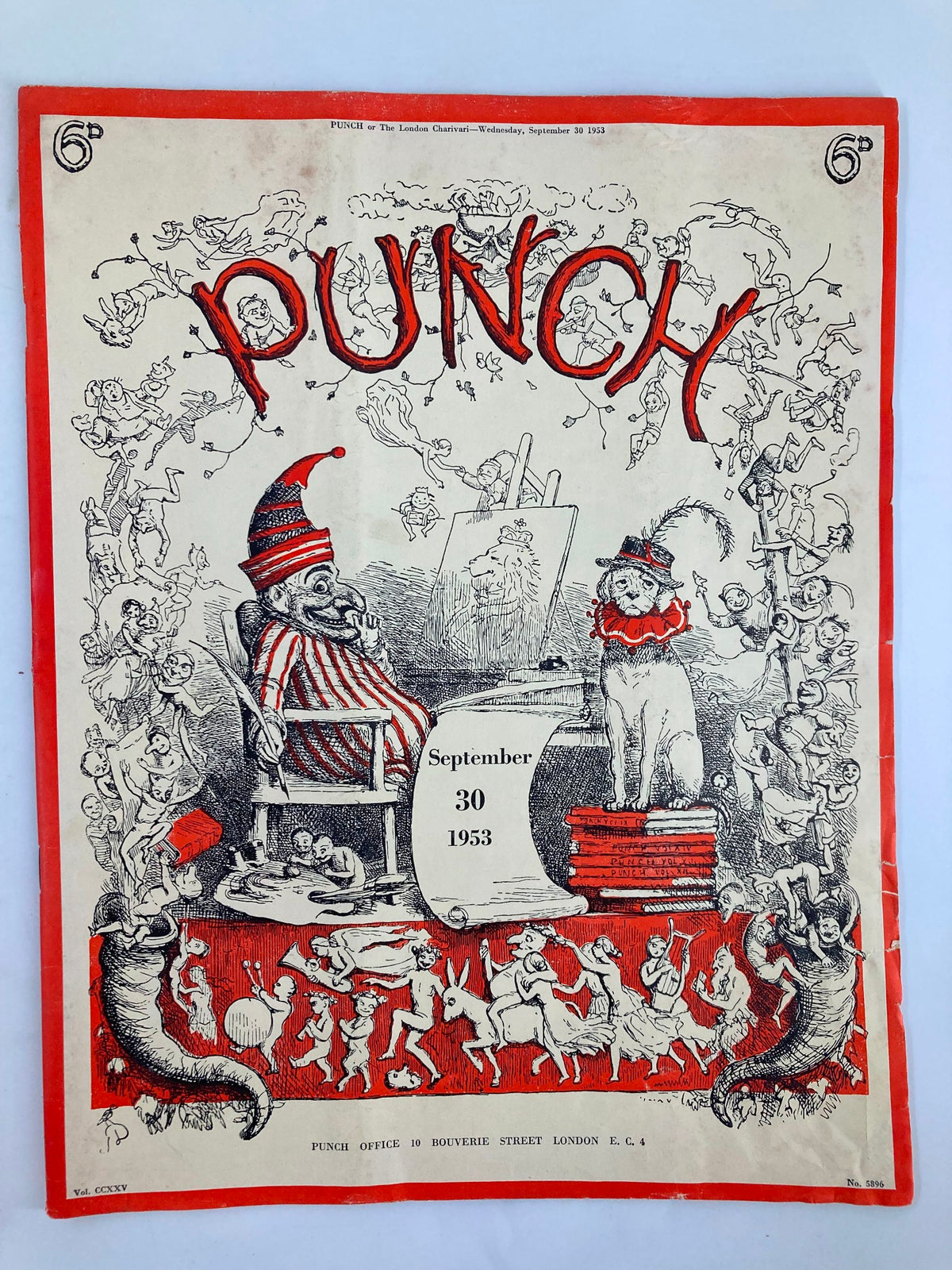 Cover of VTG Punch Magazine September 30 1953 Volume 225 Issue #5896 featuring whimsical illustrations and bold red lettering, capturing post-WWII humor.