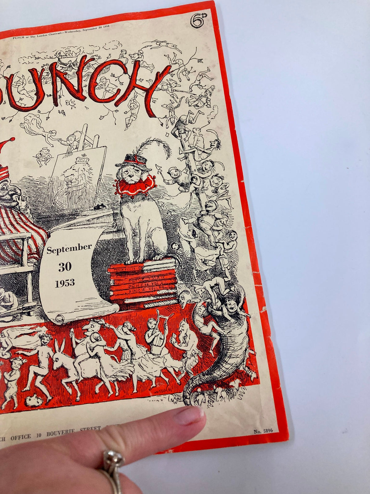 Close-up of the cover art from VTG Punch Magazine September 30 1953 Volume 225 Issue #5896, showcasing detailed cartoons and playful characters in vibrant colors.