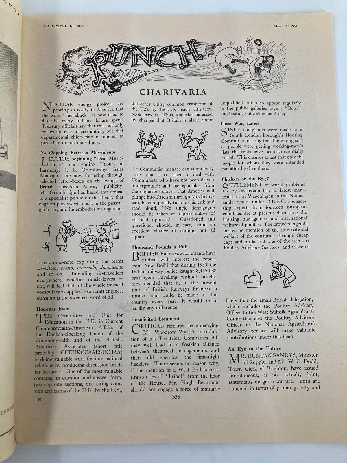 Interior page of VTG Punch Magazine from March 17, 1954, showcasing humorous WWII-themed cartoons and satirical commentary in the section titled 'Charivari'. This publication, Vol 226 #5921, captures the humor of the era.