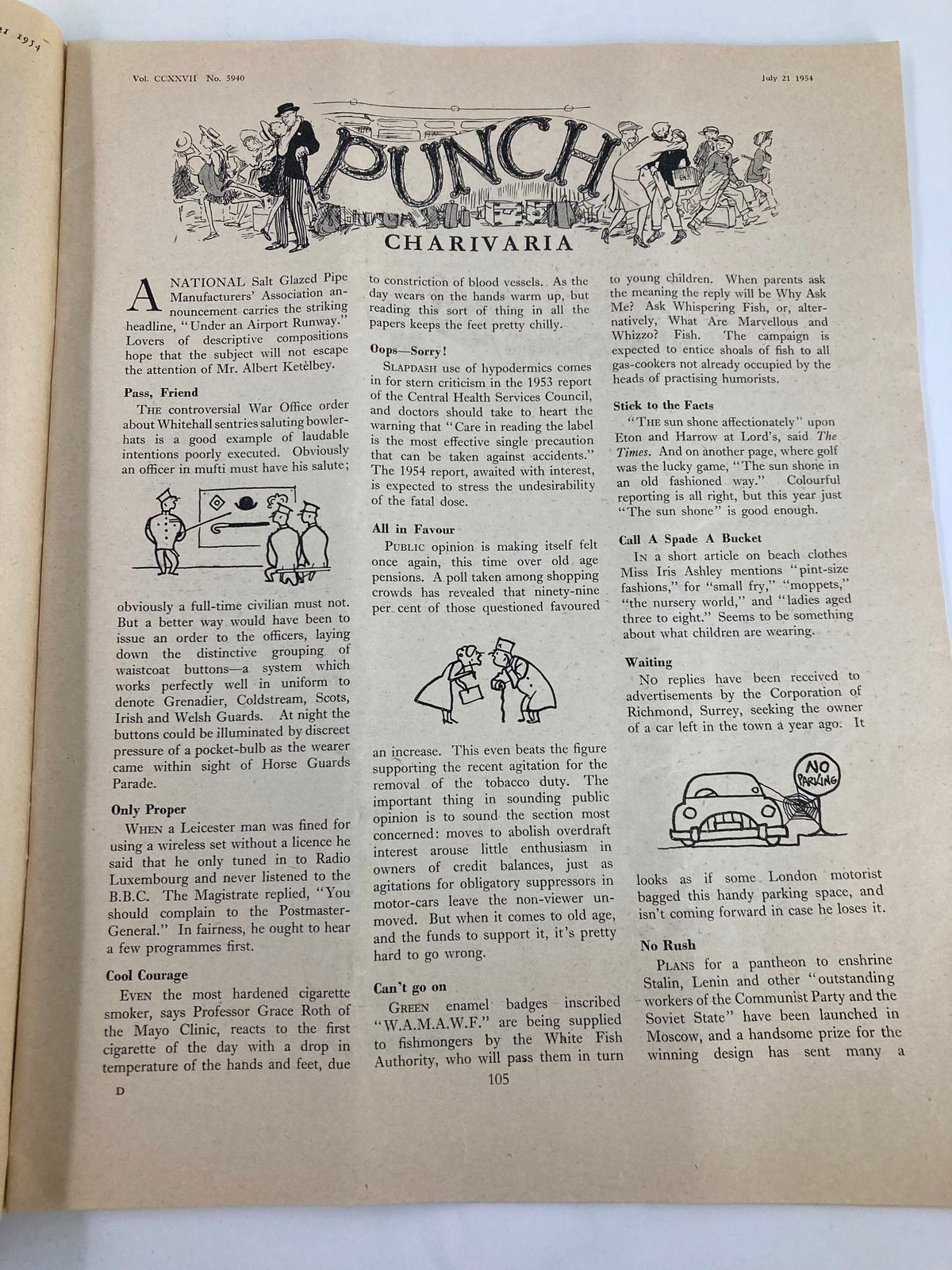 Inside page of VTG Punch Magazine July 21 1954 Vol 227 #5940 featuring humor and satire articles reflective of its time.