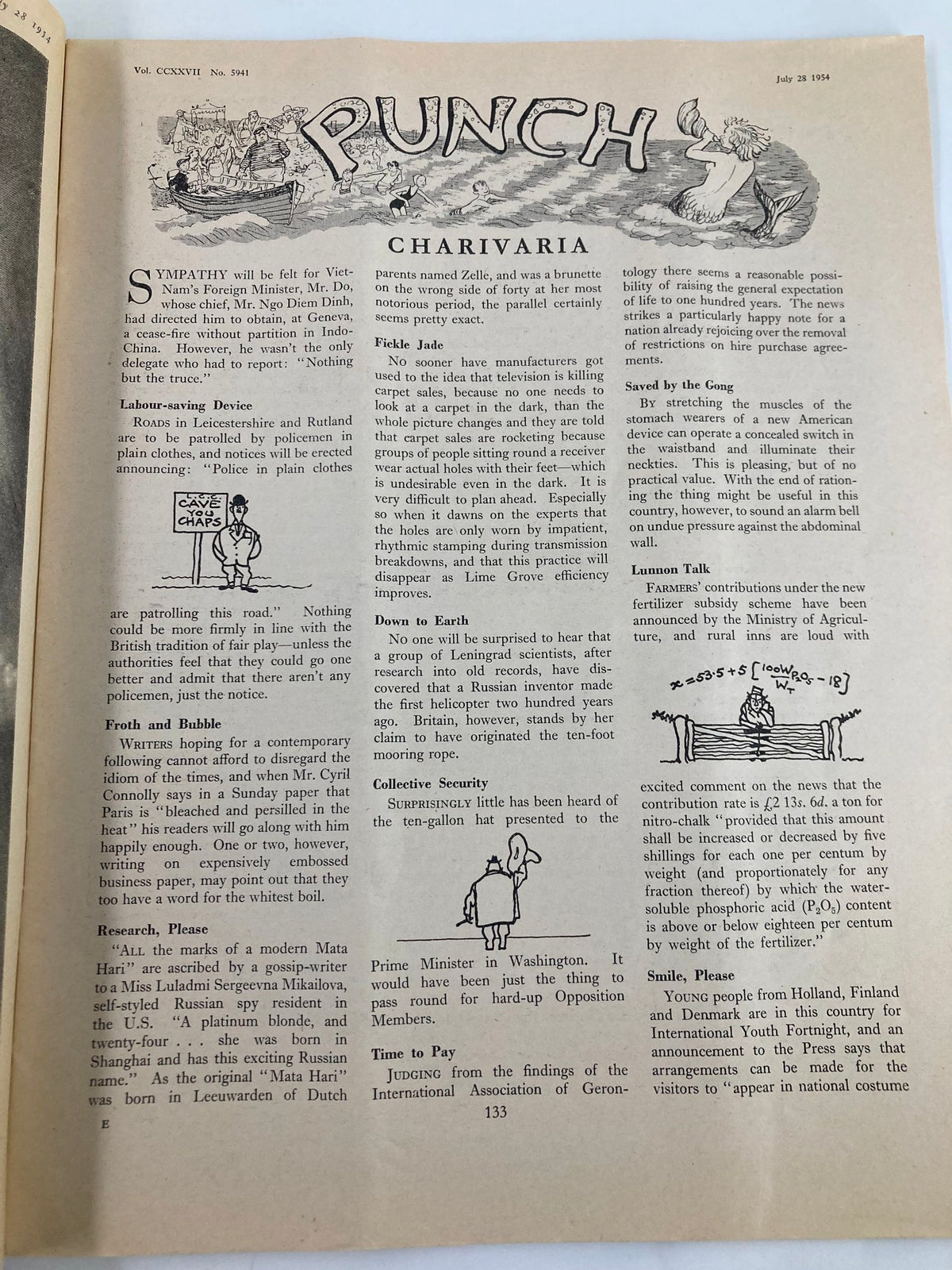 Inside page of VTG Punch Magazine July 28, 1954, Vol 227 No 5941 showcasing the Charivaria section filled with witty commentary and cartoons.