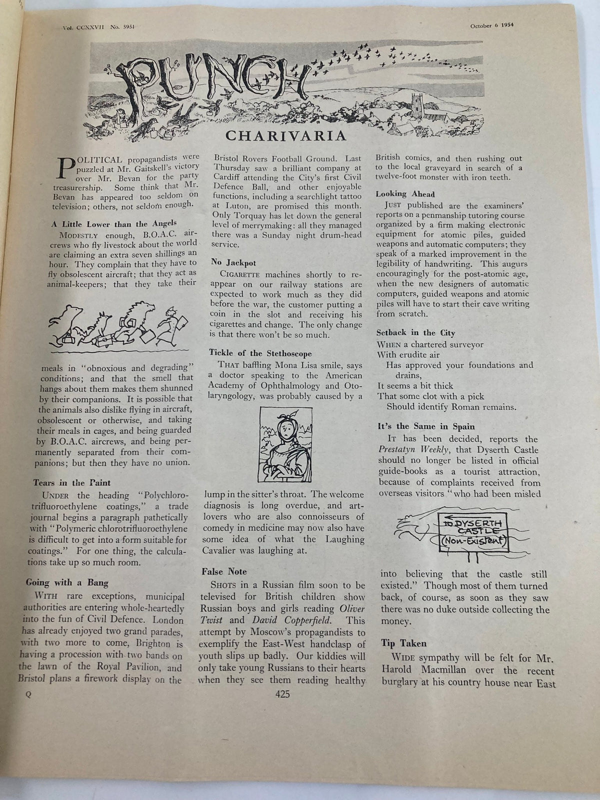 Interior page of VTG Punch Magazine from October 6, 1954, showcasing the 'CHARIVARIA' section with humorous commentary and vintage artwork.