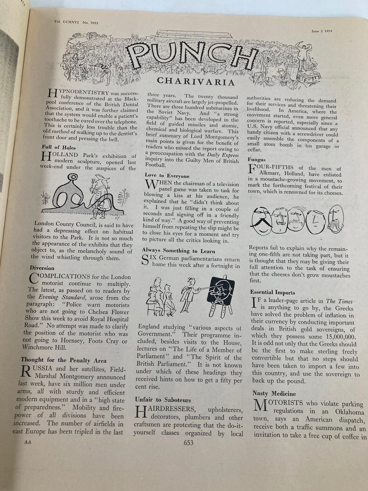 Inside page of VTG Punch Magazine June 2 1954 Vol 226 #5933, featuring the 'Charivaria' section, showcasing satirical articles and cartoons reflecting societal commentary from the mid-20th century.