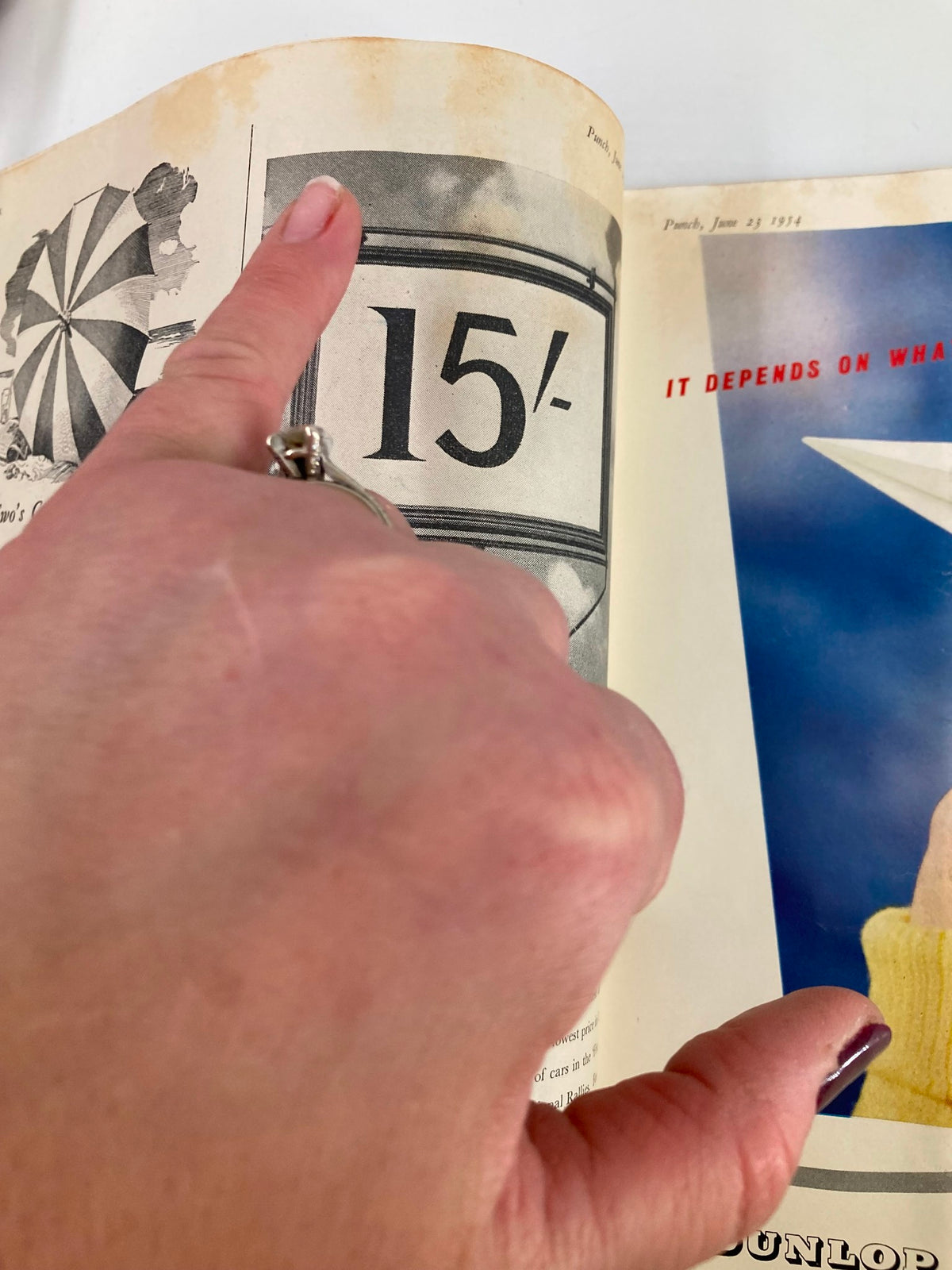 Interior page of VTG Punch Magazine June 23 1954 showing a hand pointing at a pricing label of 15 shillings, illustrating the magazine's nostalgic pricing context from the mid-20th century.