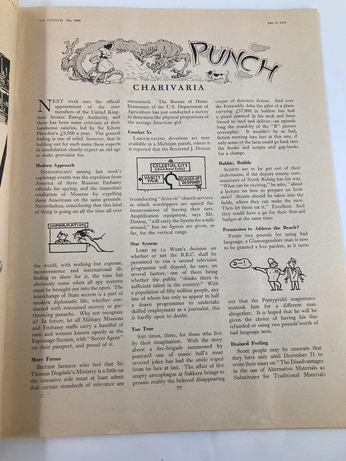 Interior page from the VTG Punch Magazine July 14 1954, featuring the Charivari section with humorous articles and whimsical illustrations, indicative of the magazine's historical significance.