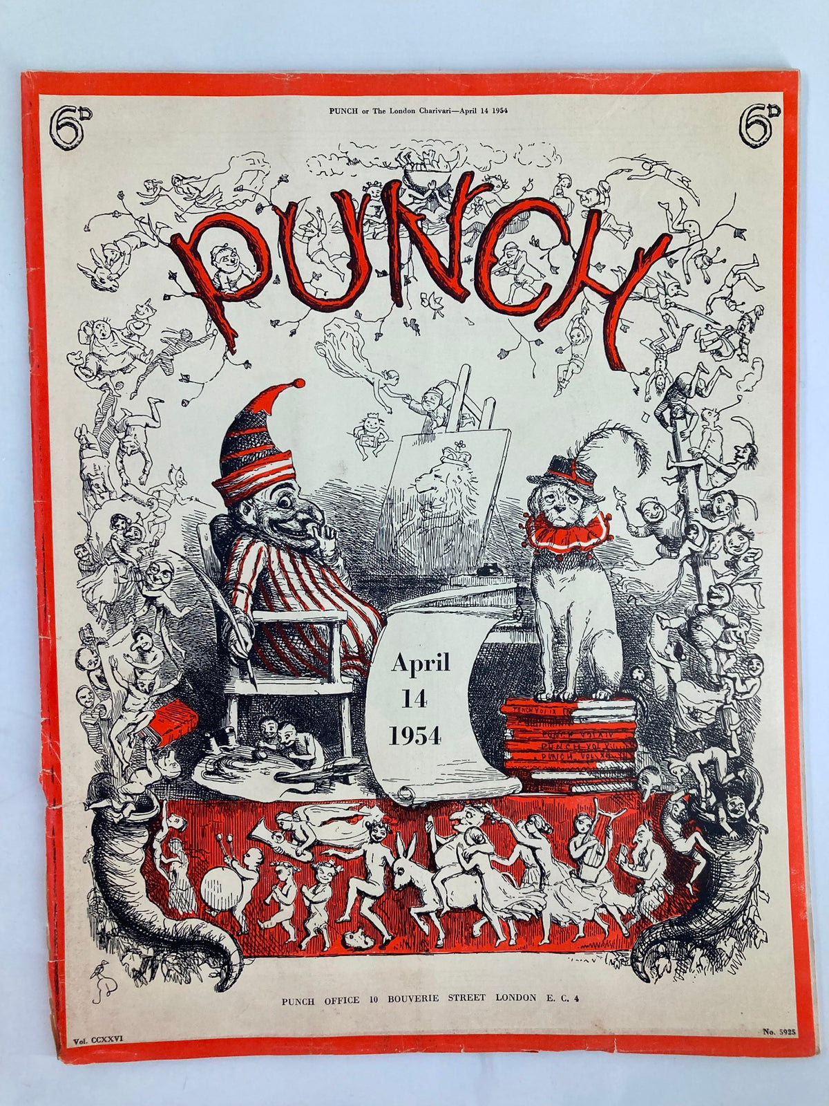 Cover of VTG Punch Magazine April 14 1954, featuring whimsical illustrations and humorous characters, showcasing a blend of satire and art related to WWII themes.