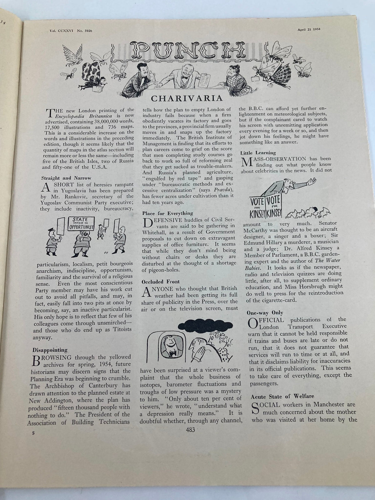 Interior page of VTG Punch Magazine from April 21, 1954, showcasing the 'Charivaria' section with humorous illustrations and commentary.