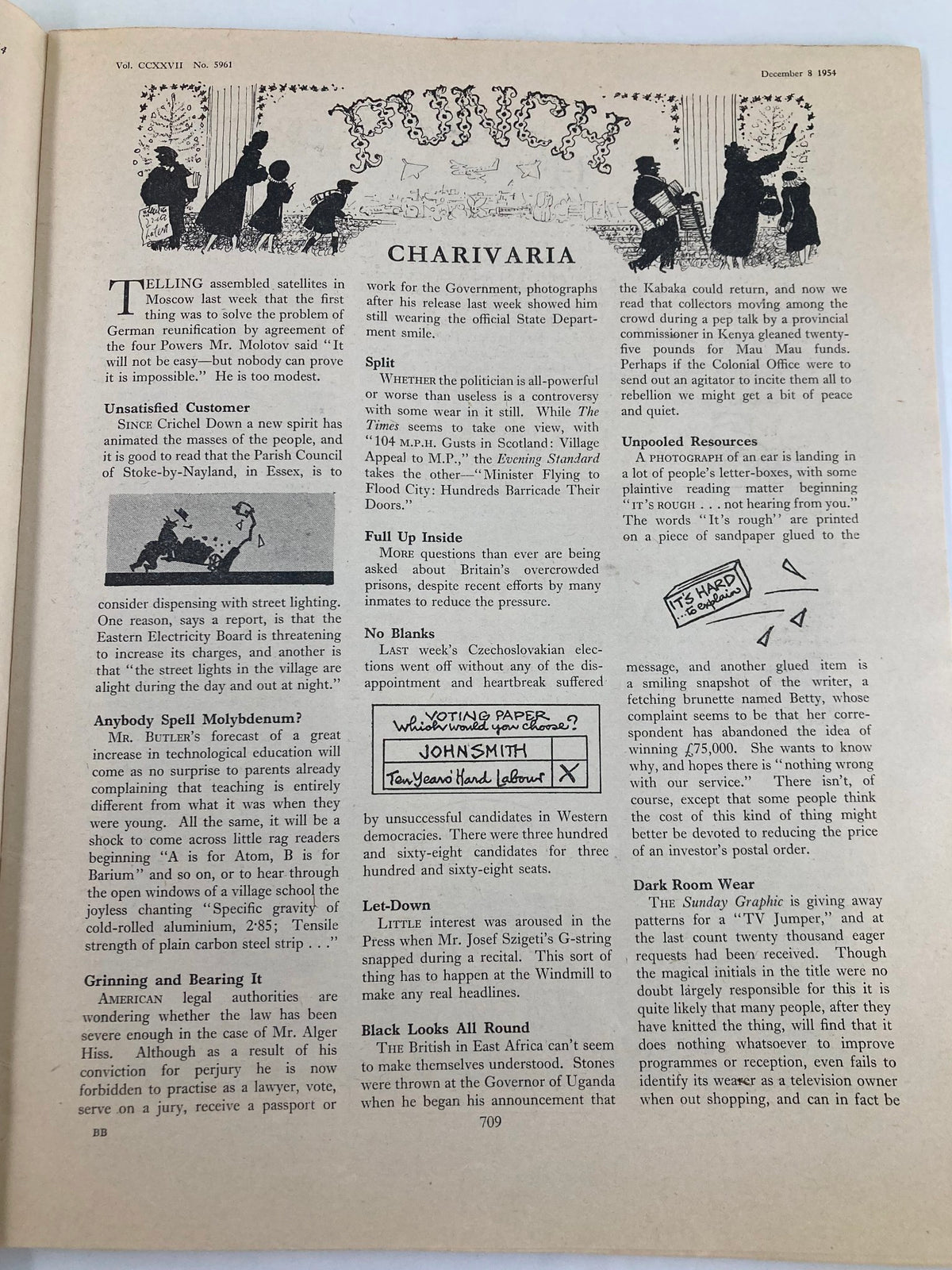 Interior page from VTG Punch Magazine December 8 1954 Vol 227 Issue No. 5961 showcasing satirical cartoons and commentary with 'CHARIVARIA' header.