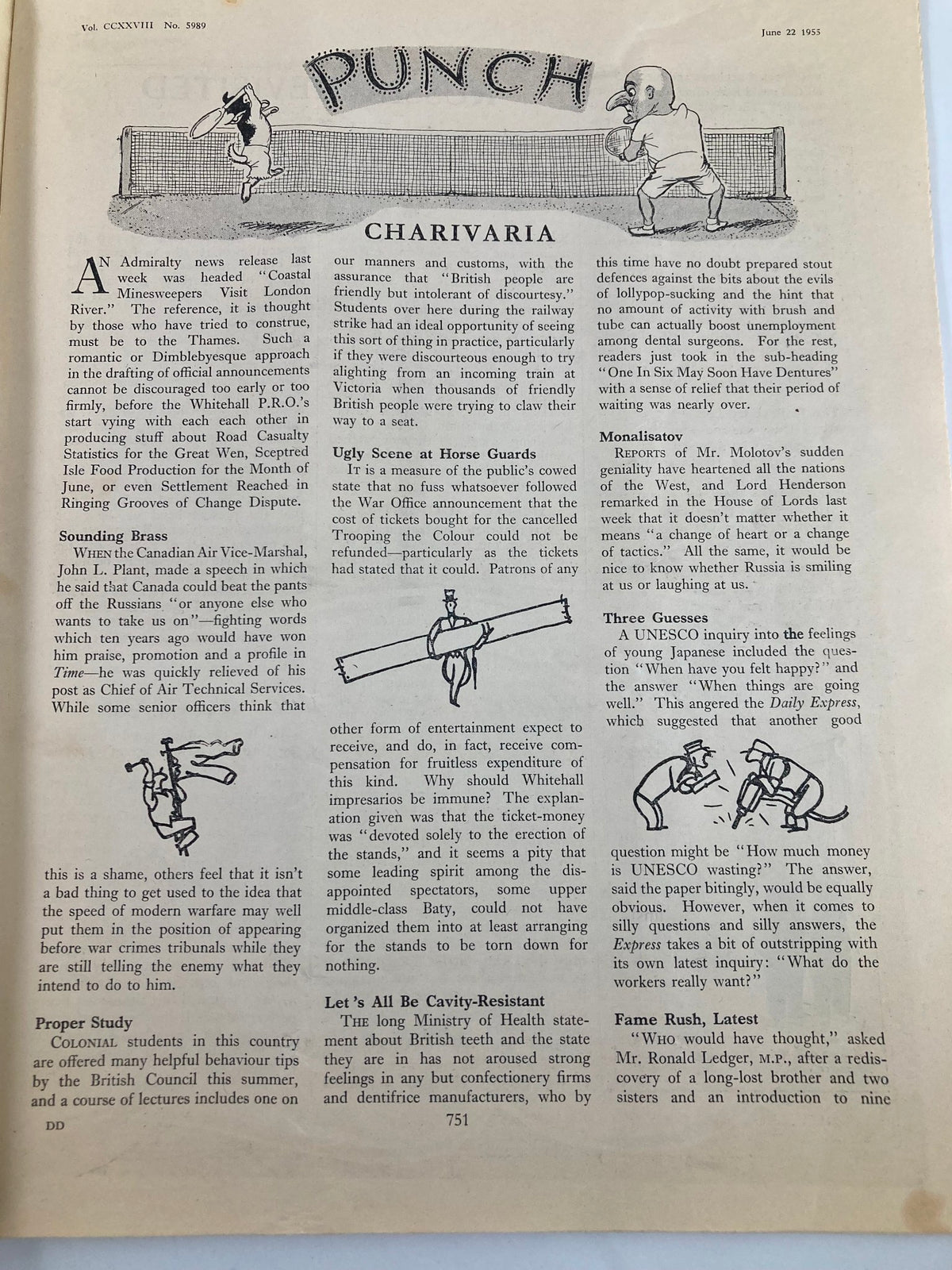 Interior page of VTG Punch Magazine from June 22, 1955, displaying humorous articles and cartoons in the signature Punch style, providing insights into mid-20th century British humor.