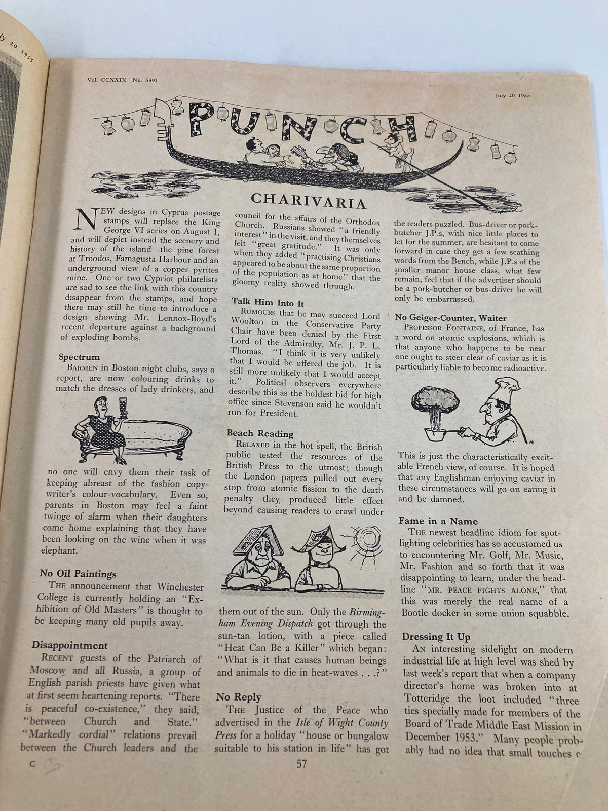 Interior page of VTG Punch Magazine July 20 1955, presenting satirical content and charming illustrations typical of mid-century humor.