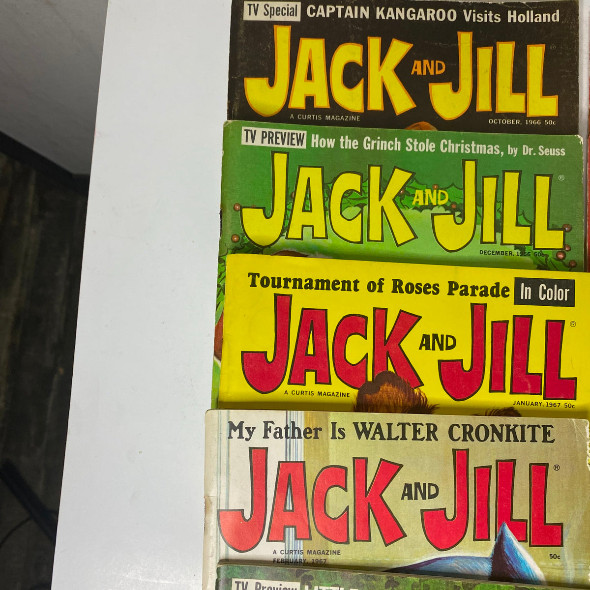 Vintage Jack and Jill magazines from October 1966 to December 1966 displayed in a stack, showcasing classic children's stories and illustrations.