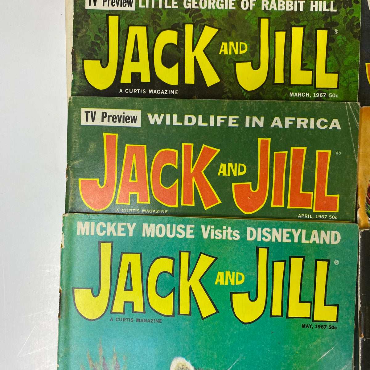 Collection of Jack and Jill magazines from March 1967 to May 1967, featuring colorful covers and iconic children's content.