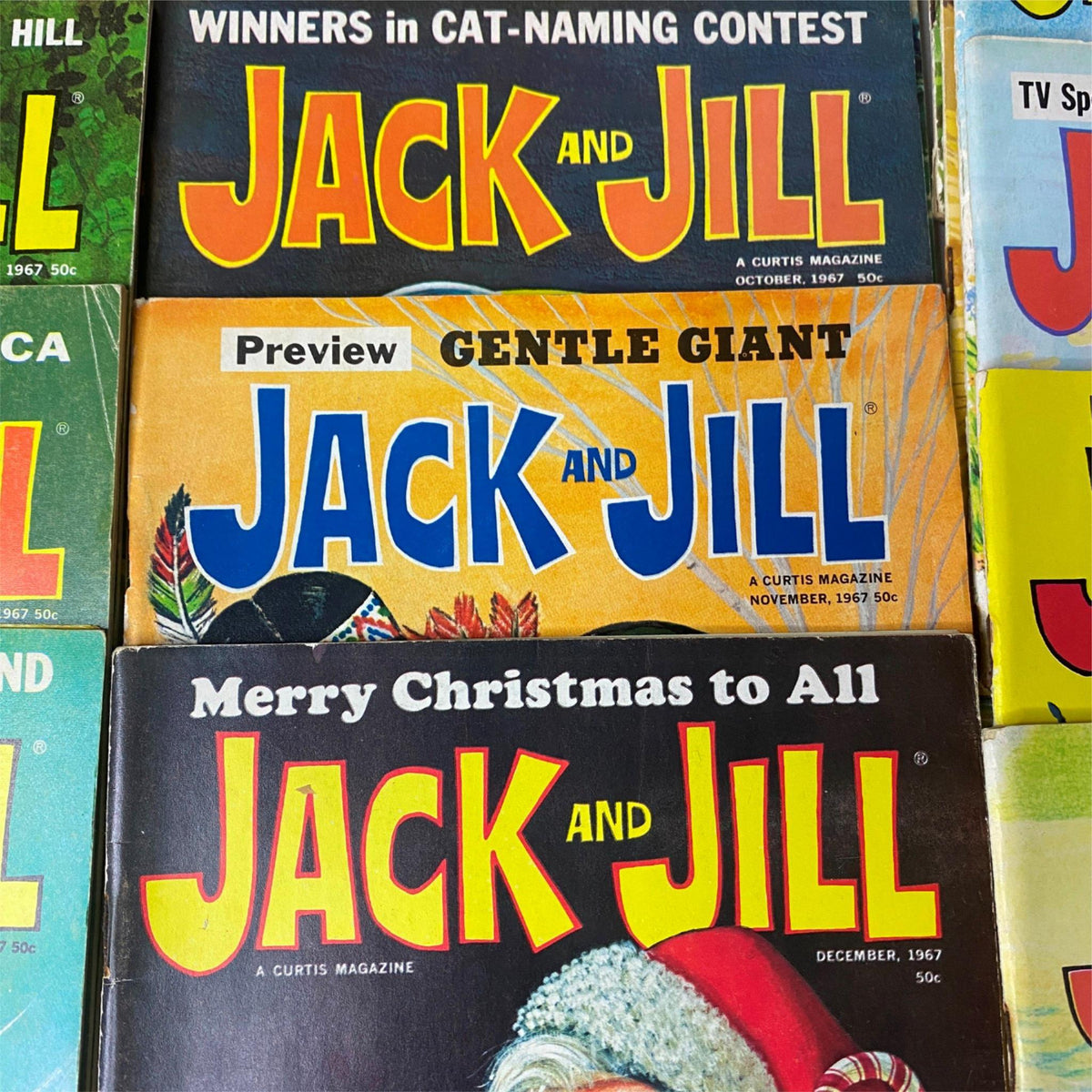 Display of vintage Jack and Jill magazines from October 1967 to December 1967, highlighting childhood stories and seasonal features.